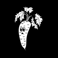 Cartoon vegetable -  silhouette carrot. Cute character vegetable carrot face isolated on black background vector illustration. Simple  silhouette carrot face icon vector. Cartoon ffood emoji. 