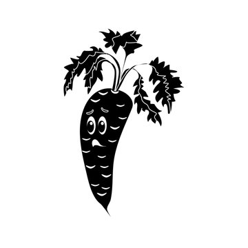 Cartoon vegetable -  silhouette carrot. Cute character vegetable carrot face isolated on white background vector illustration. Simple  silhouette carrot face icon vector. Cartoon face food emoji. 