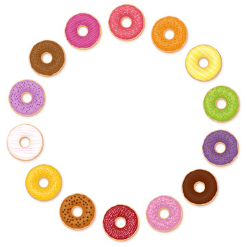 Donuts circle. Many different tastes. Isolated vector illustration on white background.