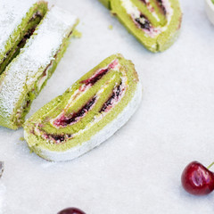 Morello Cherry and Matcha Roulade