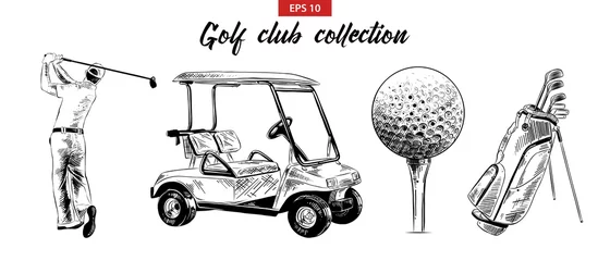 Foto op Canvas Vector engraved style illustration for posters, decoration and print. Hand drawn sketch set of golf bag, cart, ball and golfer in black isolated on white background. Detailed vintage etching drawing. © DELstudio