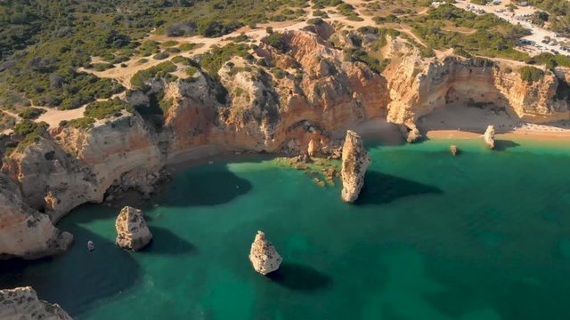 Panoramic aerial view of the Marinha beach in Algarve, Portugal