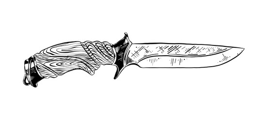 Vector engraved style illustration for posters, decoration and print. Hand drawn sketch of hunting knife in black isolated on white background. Detailed vintage etching style drawing. - obrazy, fototapety, plakaty