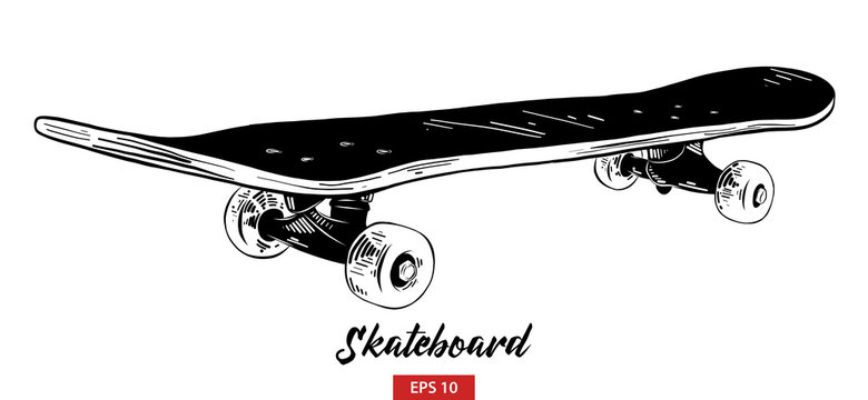Vector engraved style illustration for posters, decoration and print. Hand drawn sketch of skateboard in black isolated on white background. Detailed vintage etching style drawing.