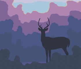 Blue silhouette of a deer against a background of blue forest evening trees, lilac pink clouds and setting sun vector illustration.