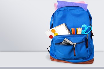 Blue School Backpack  on   background.