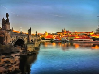 Oil painting. Art print for wall decor. Acrylic artwork. Big size poster. Watercolor drawing. Modern style fine art. Historical part of Prague. Czech Republic. Charles Bridge. Karlovy Vary. 