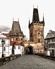 Obraz premium Oil painting. Art print for wall decor. Acrylic artwork. Big size poster. Watercolor drawing. Modern style fine art. Historical part of Prague. Czech Republic. Charles Bridge. Karlovy Vary. 