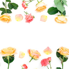 Floral frame with roses flowers and petals on white background. Flat lay, top view.
