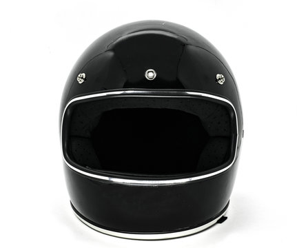 Front view of a classic vintage black motorcycle helmet
