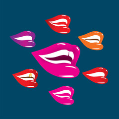 various woman's happy Smiling lips and mouth with white teeth and lipstick colors, red, pink, violet, 