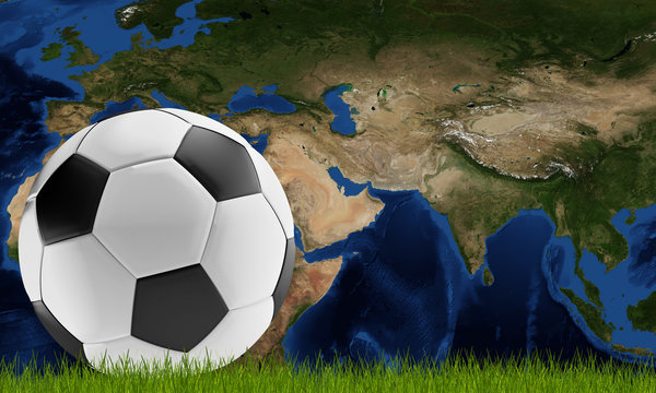 Qatar on world map with soccer ball at green lawn 3d-illustration. elements of this image furnished by NASA