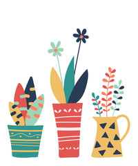Hand drawn of colorful flowers pot isolated on white background. Vector illustration design.
