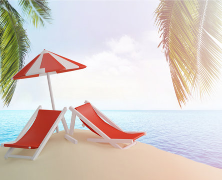 sun chairs on sand beach island with palm leaves 3d-illustration
