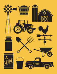Set of 11 detailed farm icon illustrations. Realistic and highly detailed silhouette illustrations of farm tools, buildings and vehicles.