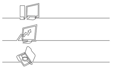 banner design - continuous line drawing of business icons: desktop computer, diagram, search folder