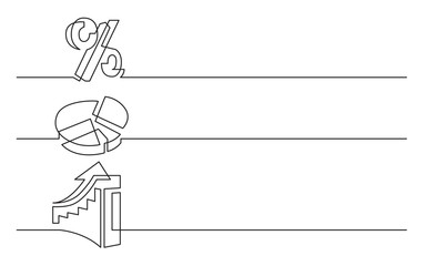 banner design - continuous line drawing of business icons: percent sign, pie chart, rising diagram