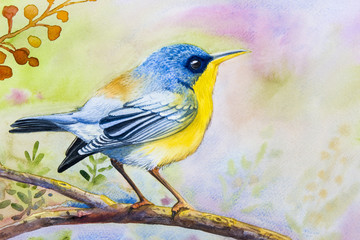 Painting colorful of  alone bird on a branch amidst  beautiful