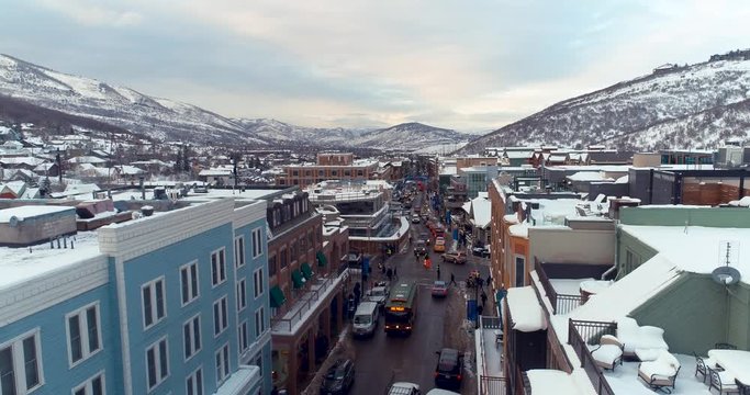 Drone Shot Hovering Low Over A Street In Park City During Sundance Film Festival