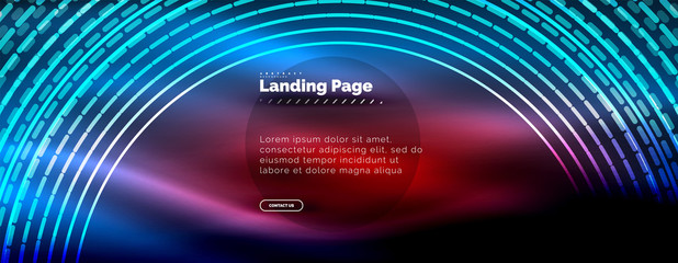 Neon glowing techno lines, hi-tech futuristic abstract background template with circles, landing page template