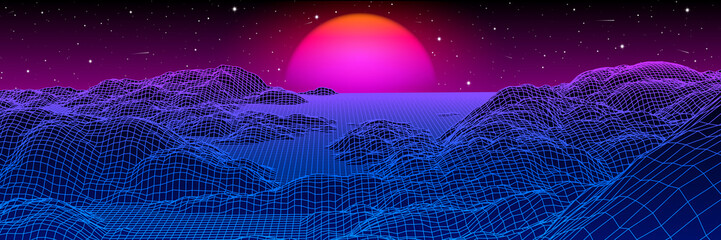 Neon grid landscape and sun with 80s arcade game style - obrazy, fototapety, plakaty