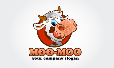 Moo-Moo Logo Cartoon Character. Happy cartoon cow, Illustration of a cow and a sign. Cartoon Figure with fun style, can make your header or logo mascot funnier and playful.