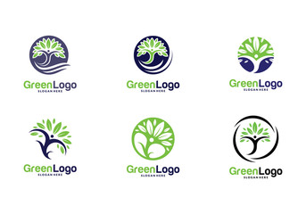 Set of People Tree Logo and Icon Template, Green logo vector