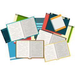 Obraz premium Open books with piles of books on the background.