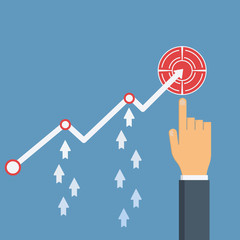 Hand points to profit growth financial chart. Diagram up, arrows up.