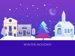 Selbstklebende Fototapeten Violett Winter town and snowing background, panorama,landscape,cityscape. vector illustration flat style.  © Felizlalala