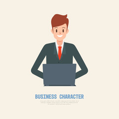 businessman working character with laptop computer on desk. freelance job concept.