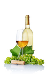 Fototapeta premium White wine bottle and glass for tasting with fresh grape and corkscrew