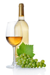 White wine bottle with glass for tasting and fresh grape