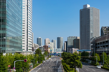 Fototapeta na wymiar (東京都ｰ都市風景)豊洲ビル群と並木道４