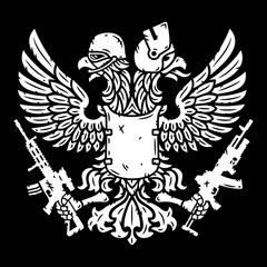 Double-headed eagle in helmet and with machine guns.