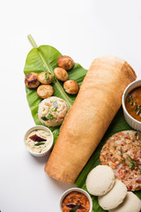 Group of South Indian food like Masala Dosa, Uttapam, Idli/idly, Wada/vada, sambar, appam, semolina...