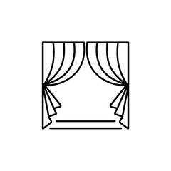 Fabric curtain with drapery. Vector illustration. Line icon of shade. Element of home & office window decoration. Front view. Isolated on white background.