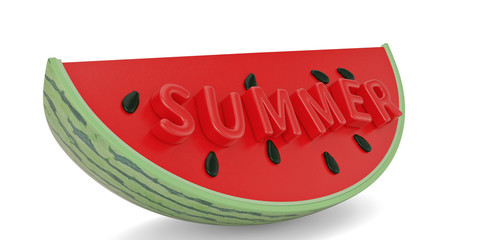 Watermelon slice with summer text isolated on white background 3D illustration.