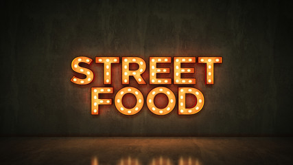 Neon Sign on Brick Wall background - Street food. 3d rendering