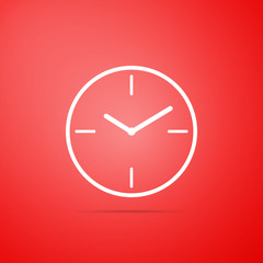 Clock icon isolated on red background. Flat design. Vector Illustration