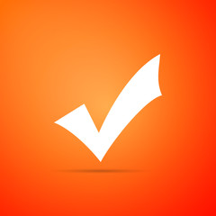 Check mark icon isolated on orange background. Tick symbol. Flat design. Vector Illustration