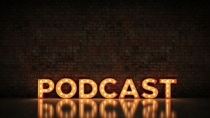Naklejka premium Neon Sign on Brick Wall background - Podcast. 3d rendering