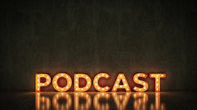 Neon Sign on Brick Wall background - Podcast. 3d rendering