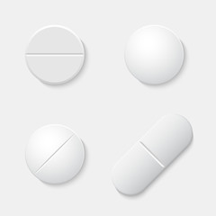 Realistic medical pills. Set of white isolated tablets drug. Pharmaceutical preparations