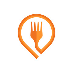 Orange fork logo template. Orange fork in the form of a marker. Vector illustration.