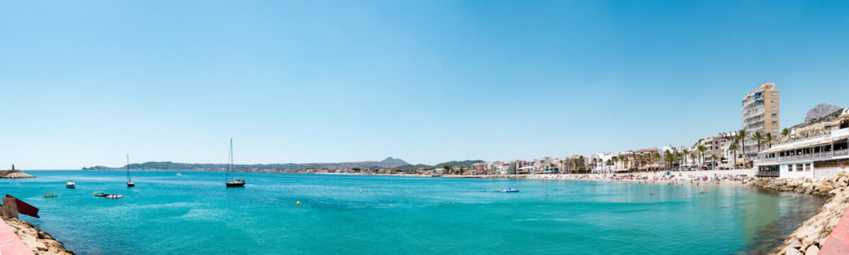 Panoramic videw of the beach and port of Xabia and the mediterranean sea, Alicante province, Spain.