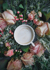 Coffee with flowers, Blog style, Flatlay, Light background, Floristics, Delicate roses, lotus and greens