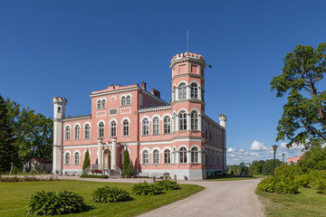 Fototapeta na wymiar Birini, Latvia. The beautiful castle and the green park around it.