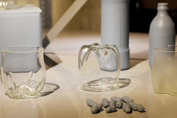 Glass create idea from half cut of plastic bottle in Bangkok Design Week 2018 at Bangkok, Thailand.
