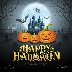 Fototapeten Happy Halloween gold message, pumpkin bat, witch, castle, design background, vector illustrations © Sarunyu_foto